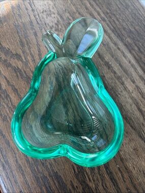 Vintage Vannes Le Chatel green glass pear dish, France, 5.5x3.75”